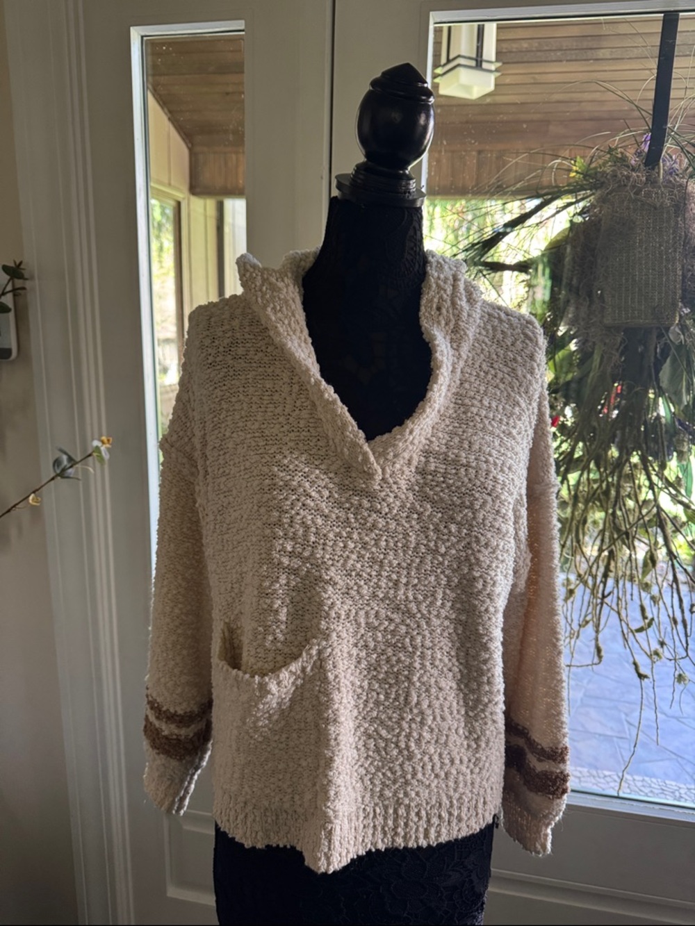 POL Cream Bouclé V-Neck Hooded Sweater with Brown Sleeve Stripes